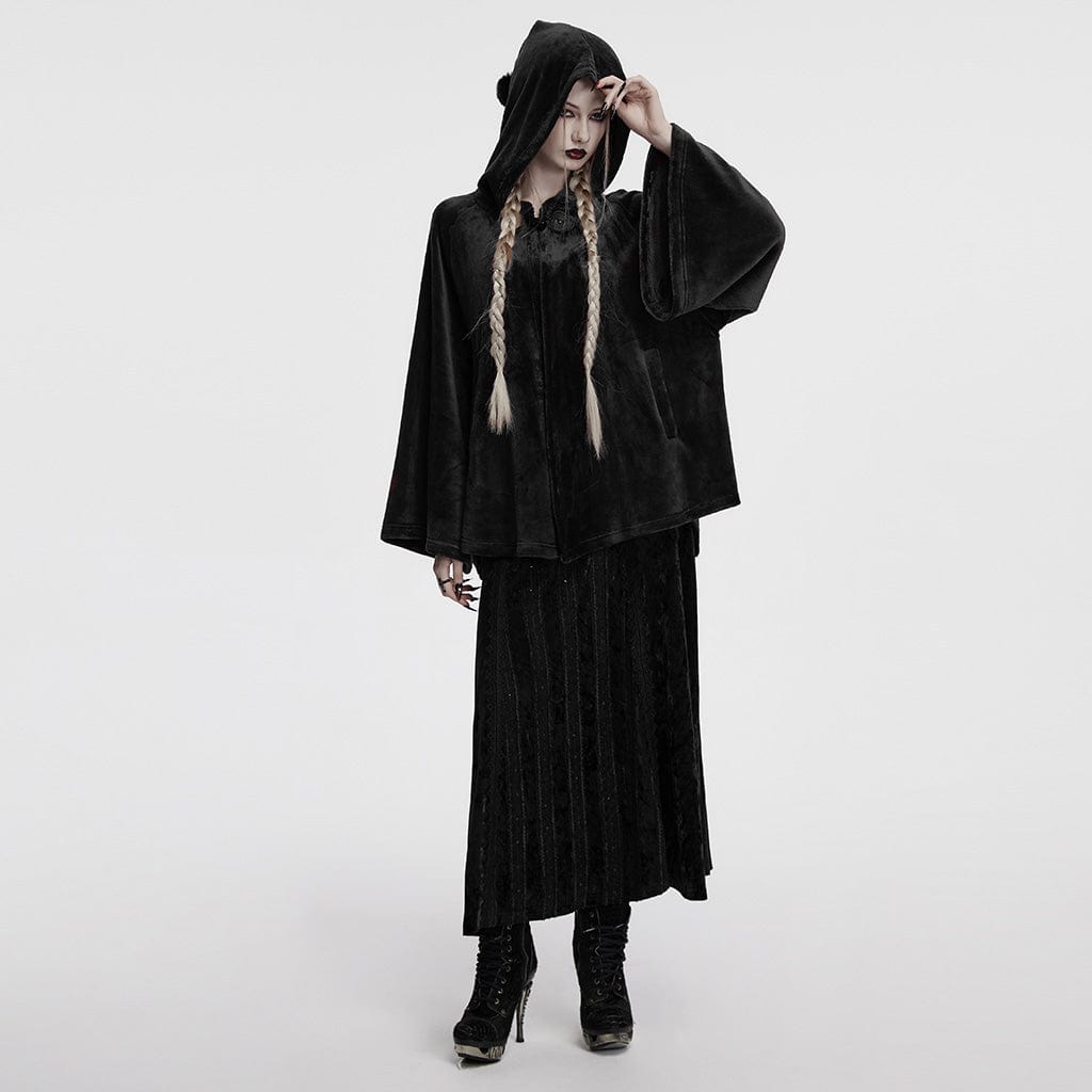 PUNK RAVE Women's Gothic Moon Embroidered Velvet Hooded Coat Black