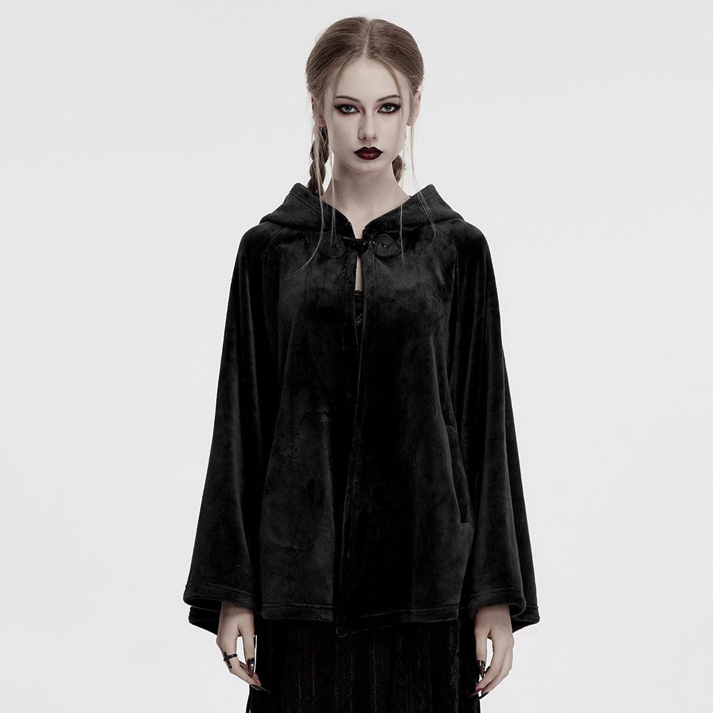 PUNK RAVE Women's Gothic Moon Embroidered Velvet Hooded Coat Black