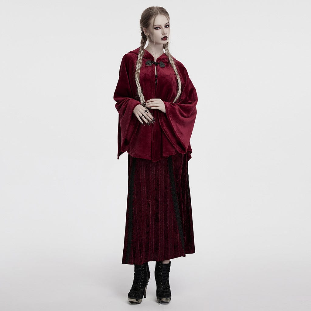 PUNK RAVE Women's Gothic Moon Embroidered Velvet Hooded Coat Red