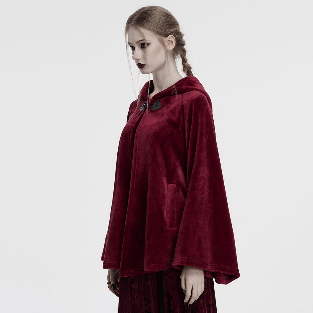 PUNK RAVE Women's Gothic Moon Embroidered Velvet Hooded Coat Red