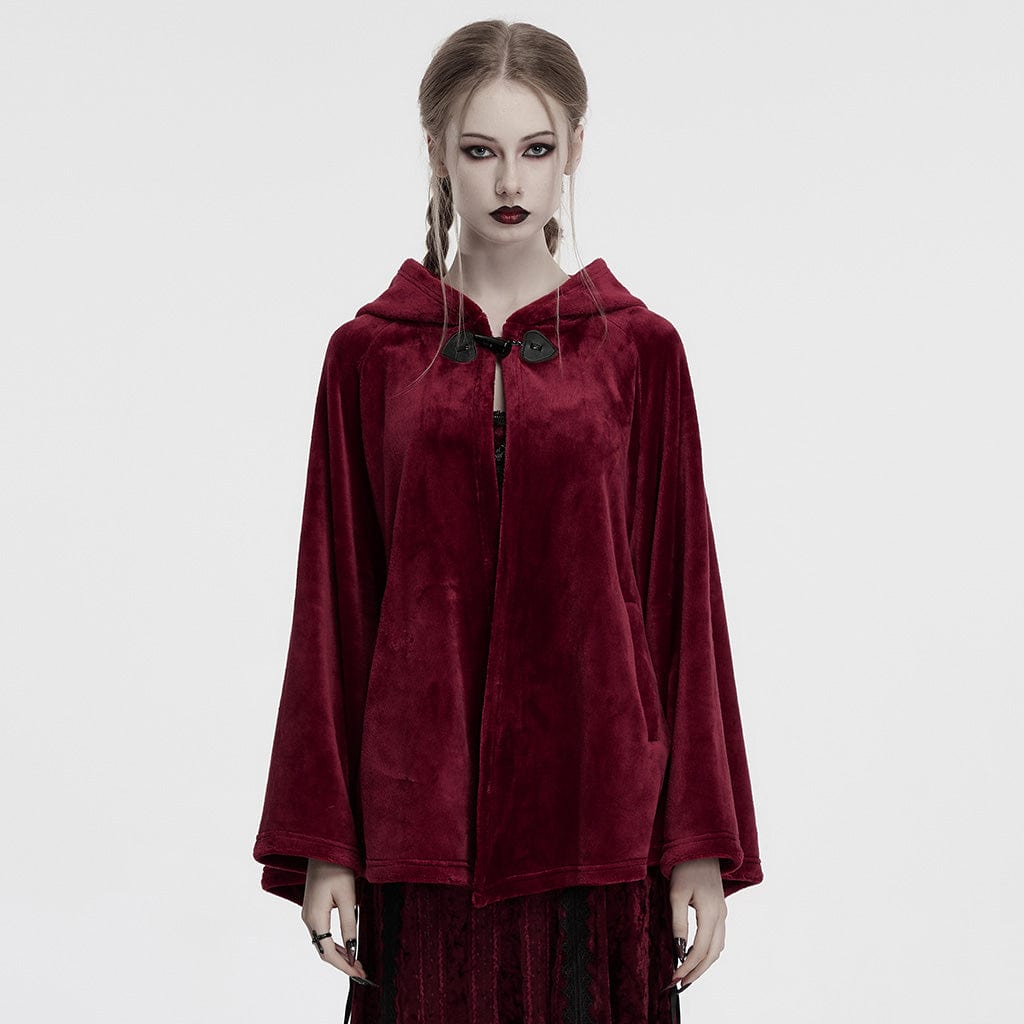 PUNK RAVE Women's Gothic Moon Embroidered Velvet Hooded Coat Red