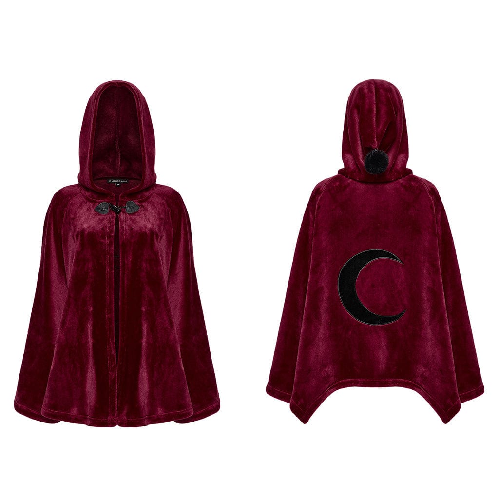 PUNK RAVE Women's Gothic Moon Embroidered Velvet Hooded Coat Red