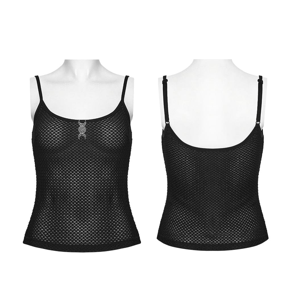 PUNK RAVE Women's Gothic Moon Mesh Tank Top