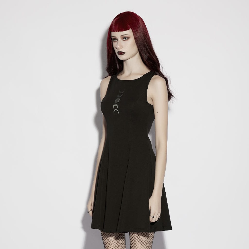 PUNK RAVE Women's Gothic Moon Phase Printed Sleeveless Dress