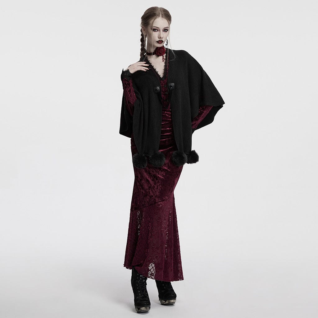 PUNK RAVE Women's Gothic Moon Printed Fluffy Splice Coat Black