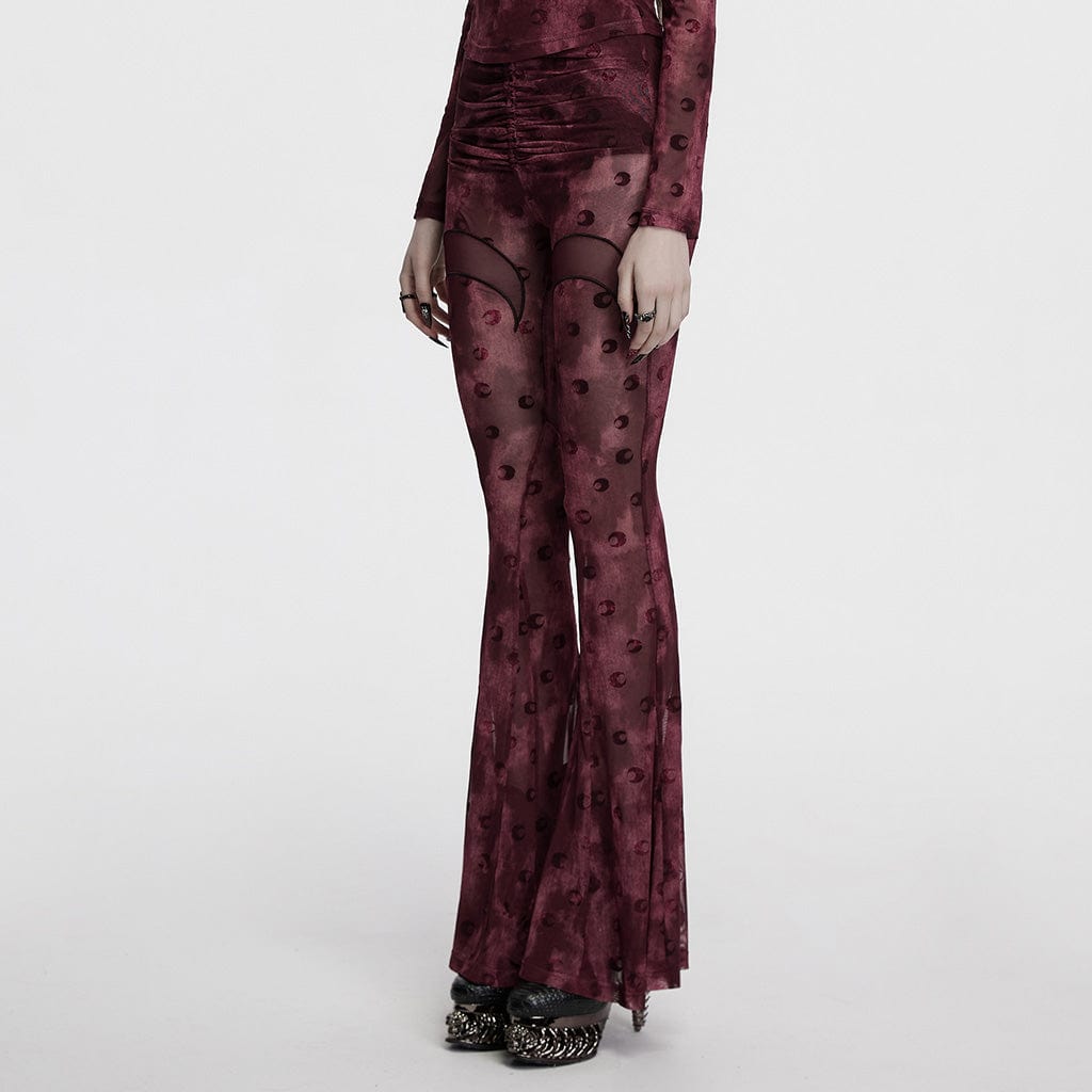 PUNK RAVE Women's Gothic Moon Printed Lace-up Mesh Flared Pants Red