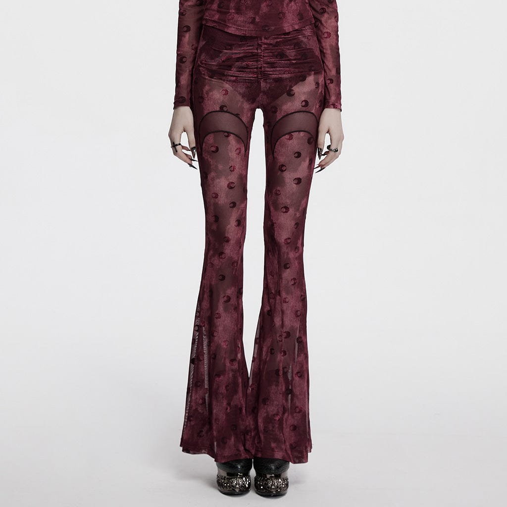 PUNK RAVE Women's Gothic Moon Printed Lace-up Mesh Flared Pants Red