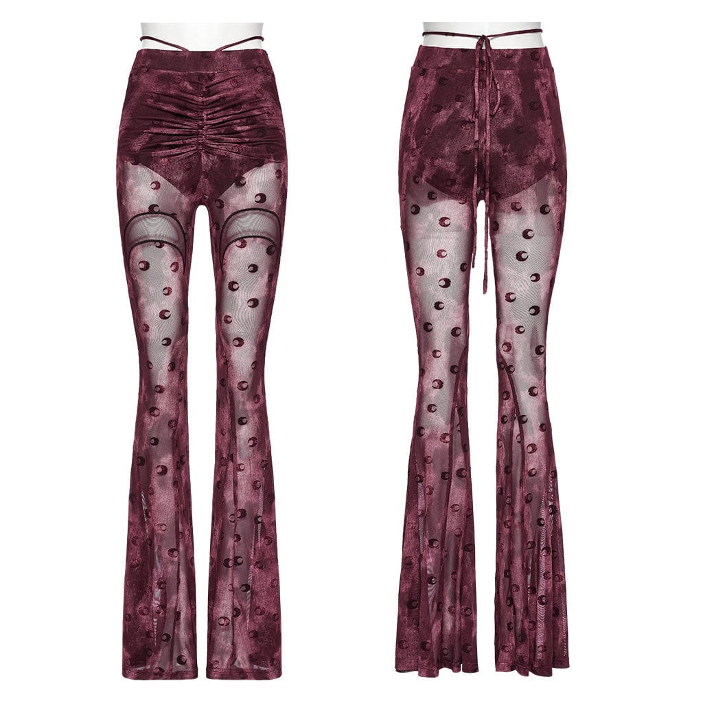 PUNK RAVE Women's Gothic Moon Printed Lace-up Mesh Flared Pants Red