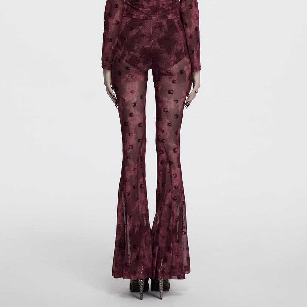 PUNK RAVE Women's Gothic Moon Printed Lace-up Mesh Flared Pants Red