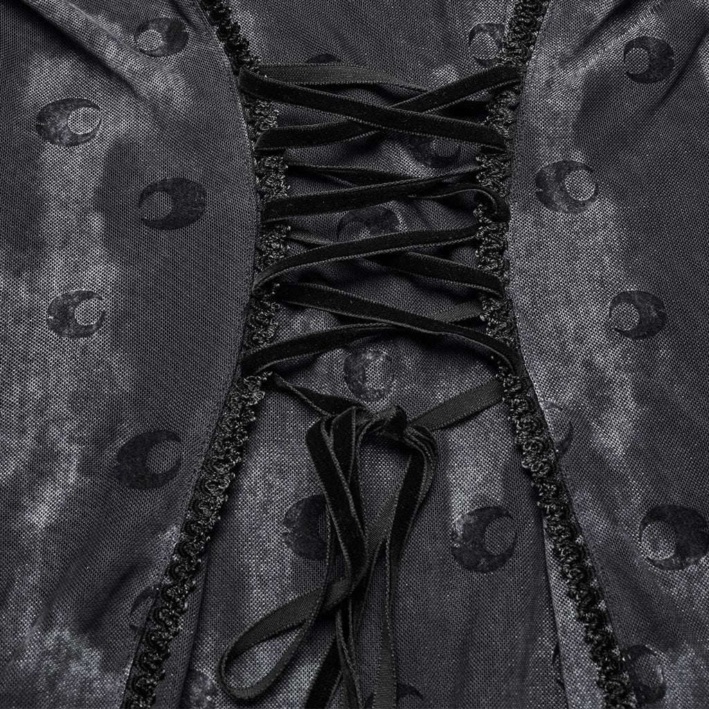 PUNK RAVE Women's Gothic Moon Printed Mesh Slip Dress with Cape Grey