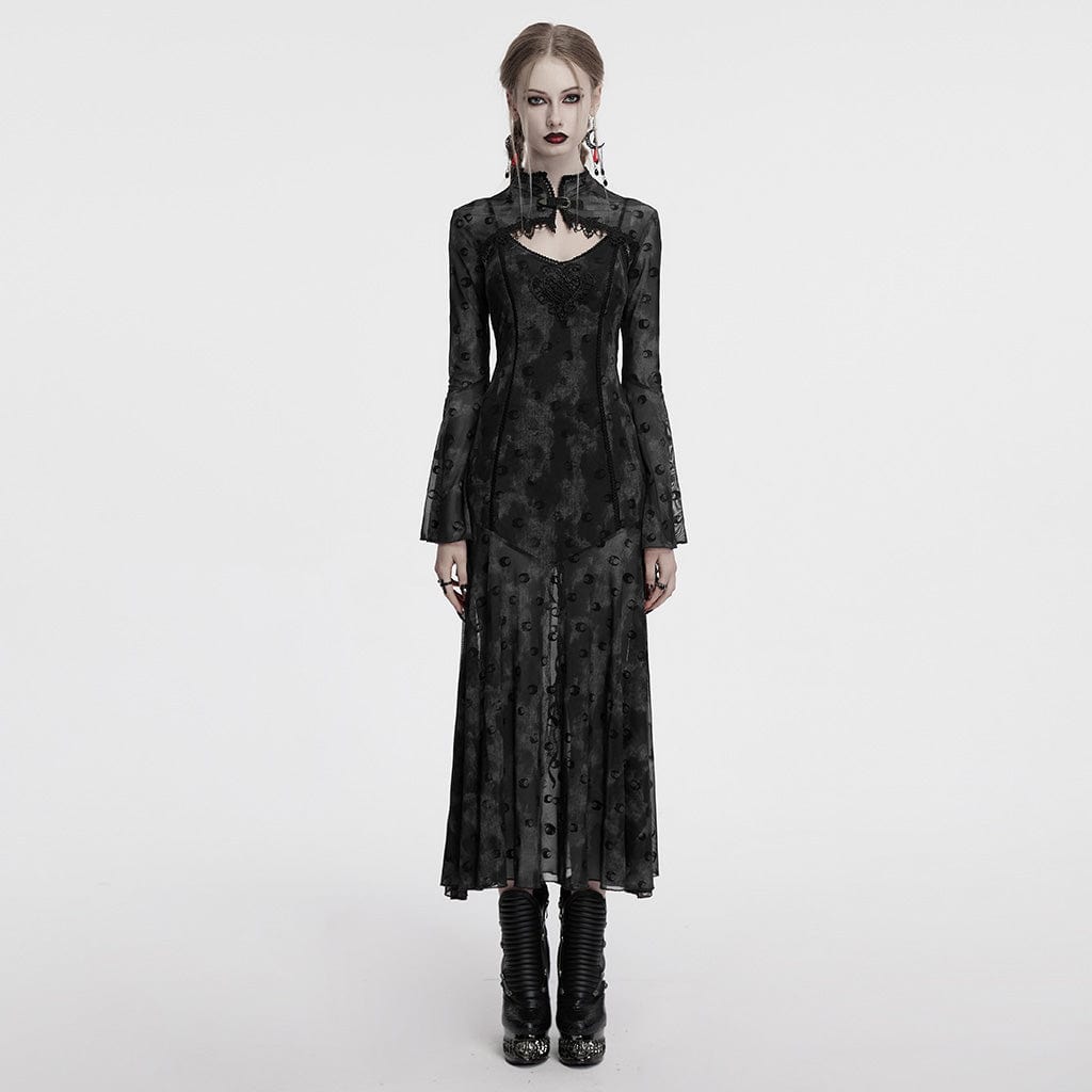 PUNK RAVE Women's Gothic Moon Printed Mesh Slip Dress with Cape Grey