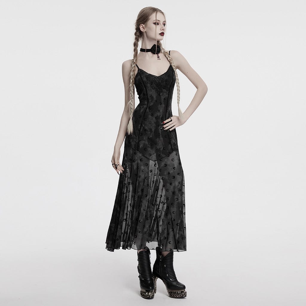 PUNK RAVE Women's Gothic Moon Printed Mesh Slip Dress with Cape Grey