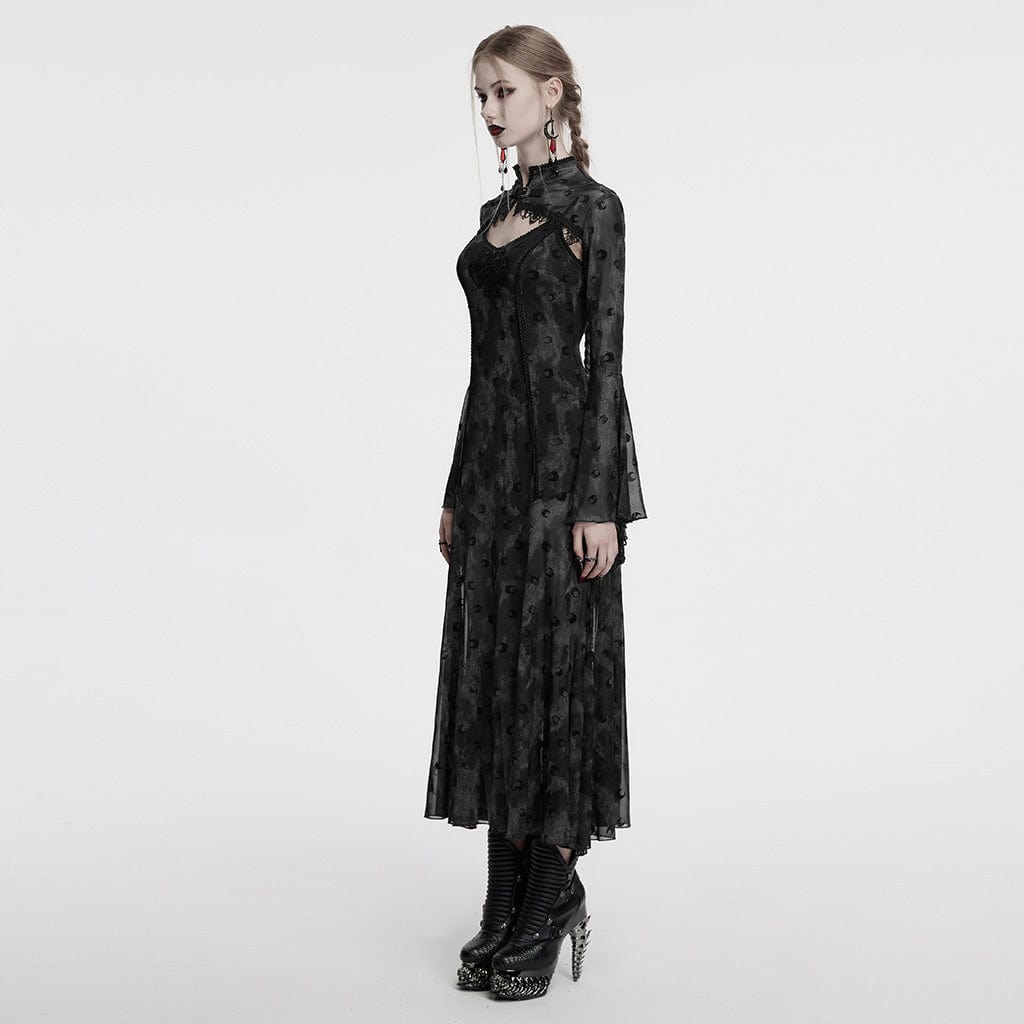 PUNK RAVE Women's Gothic Moon Printed Mesh Slip Dress with Cape Grey