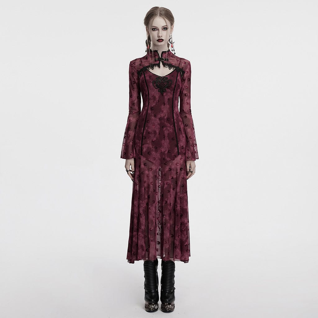 PUNK RAVE Women's Gothic Moon Printed Mesh Slip Dress with Cape Red