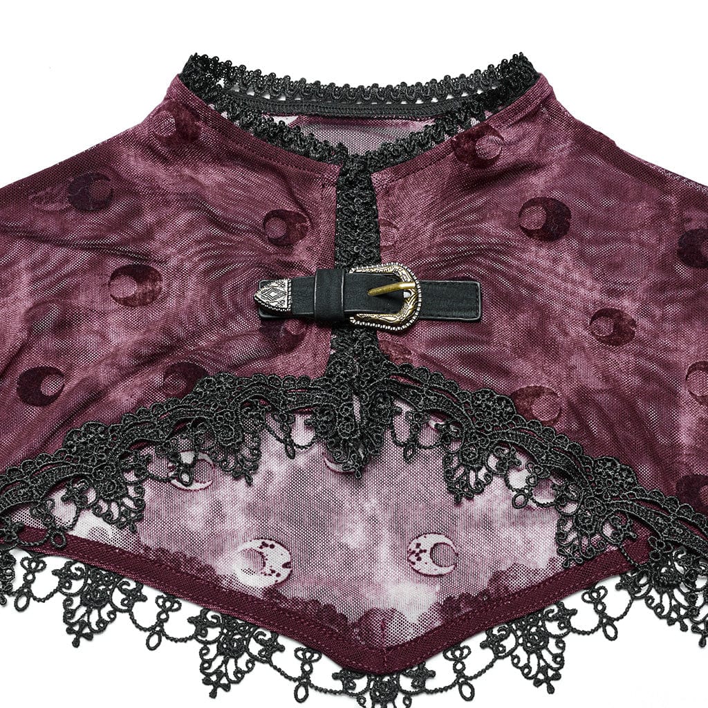 PUNK RAVE Women's Gothic Moon Printed Mesh Slip Dress with Cape Red