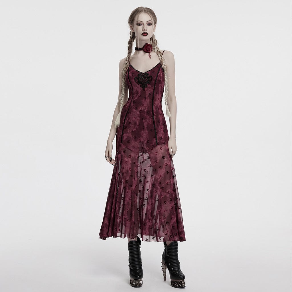 PUNK RAVE Women's Gothic Moon Printed Mesh Slip Dress with Cape Red