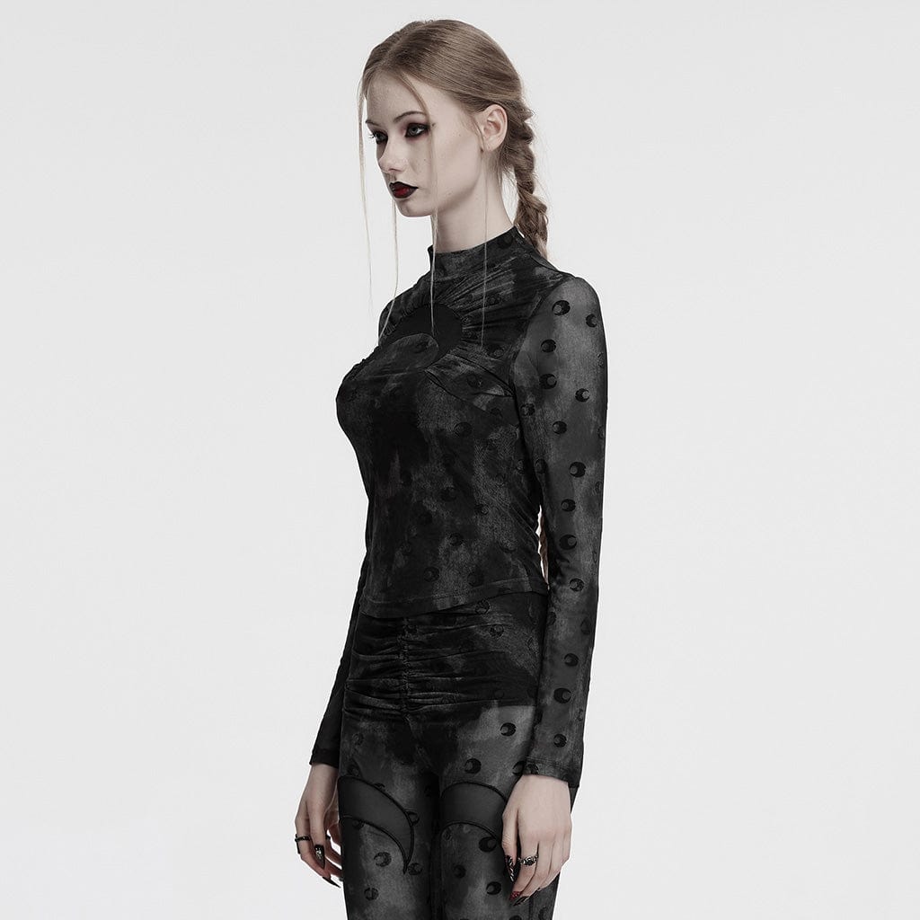 PUNK RAVE Women's Gothic Moon Printed Ruched Mesh Shirt Grey