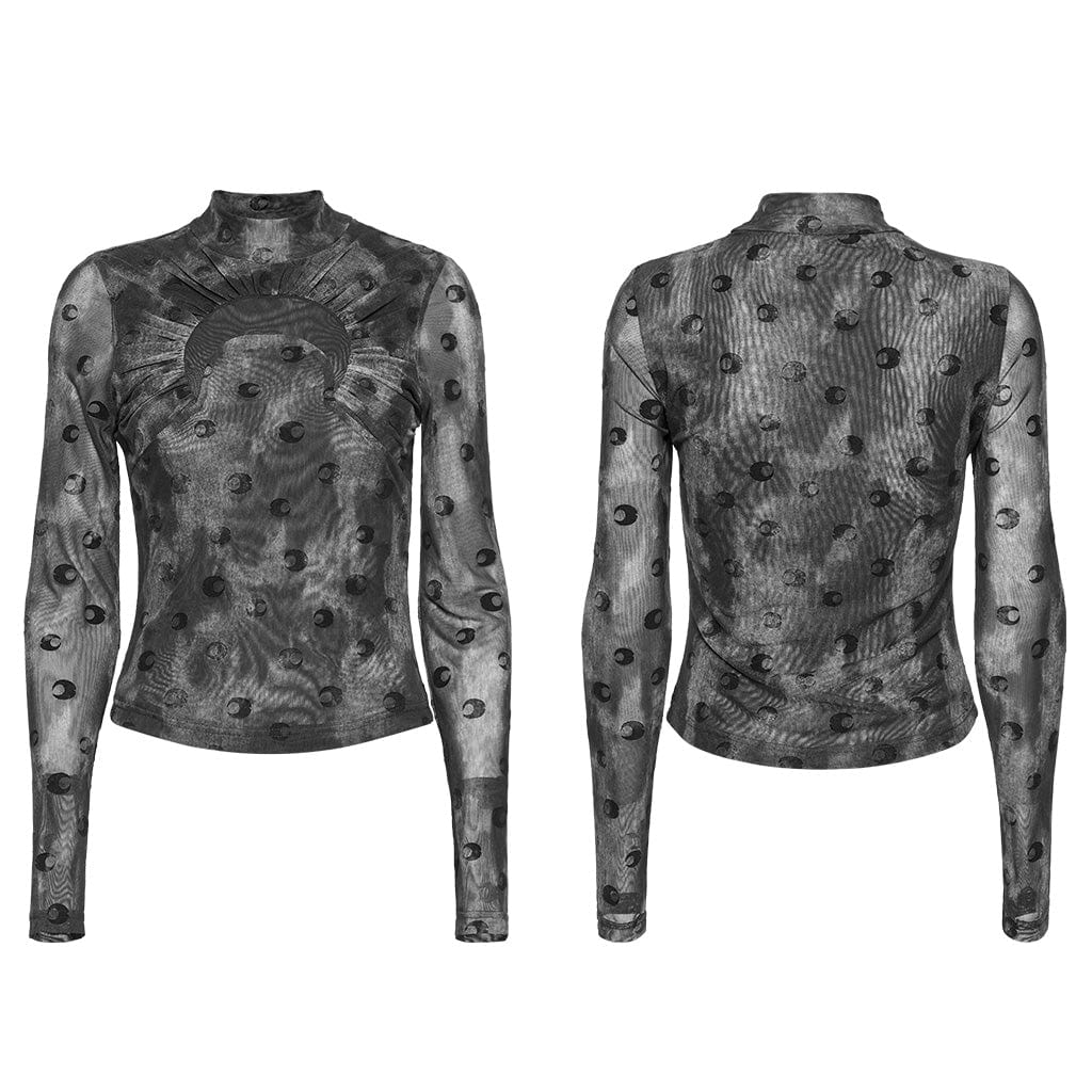 PUNK RAVE Women's Gothic Moon Printed Ruched Mesh Shirt Grey