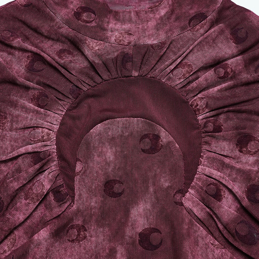 PUNK RAVE Women's Gothic Moon Printed Ruched Mesh Shirt Red