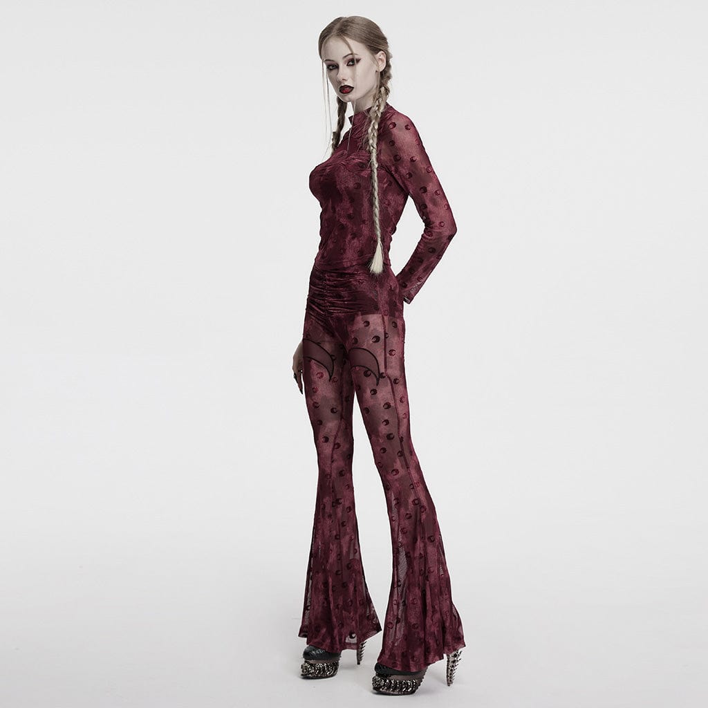 PUNK RAVE Women's Gothic Moon Printed Ruched Mesh Shirt Red