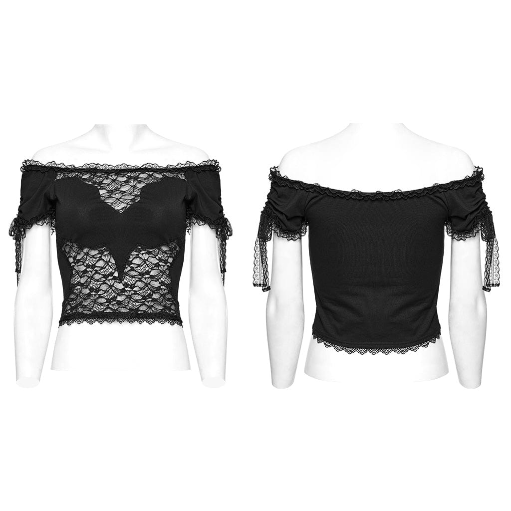 PUNK RAVE Women's Gothic Off-shoulder Drawstring Lace Top