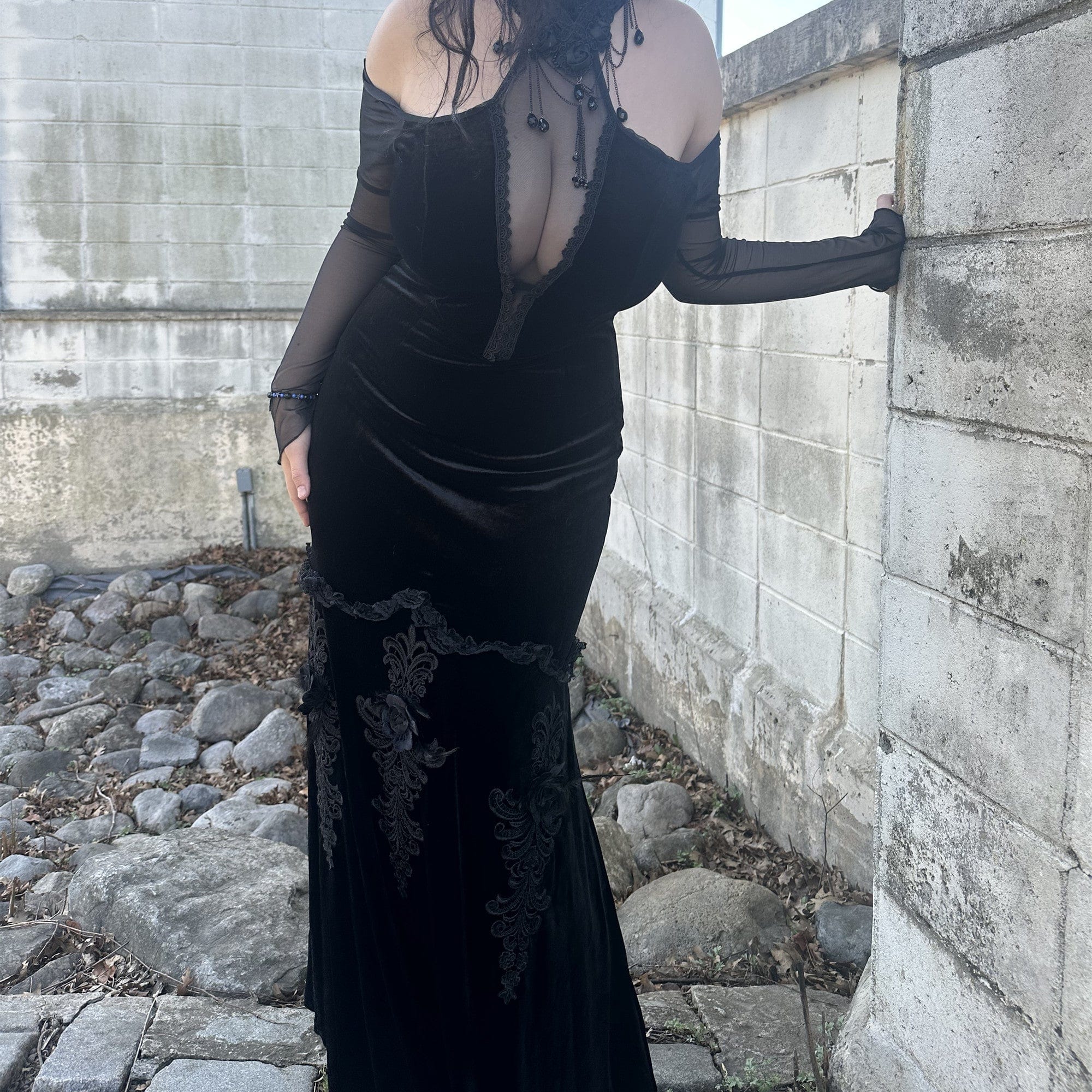 PUNK RAVE Women's Gothic Off Shoulder Mesh Splice Velvet Dress