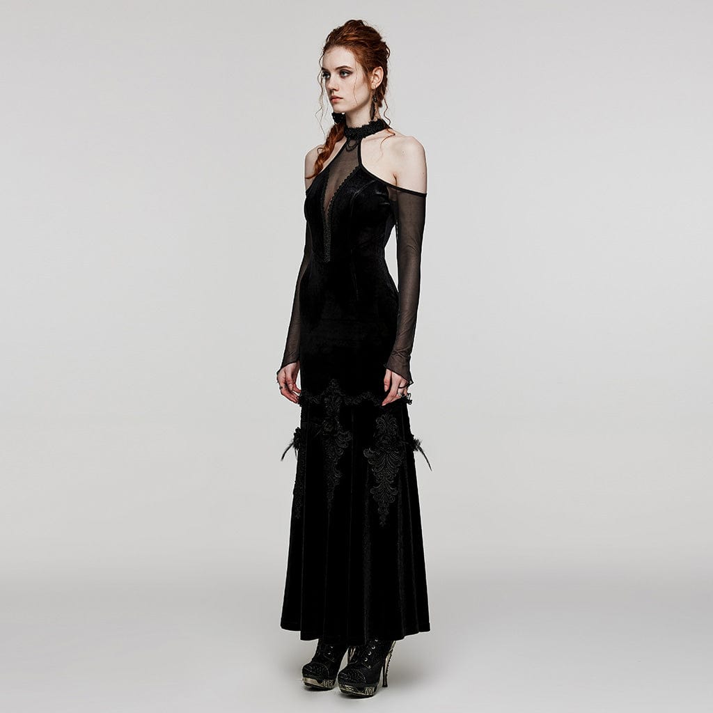 PUNK RAVE Women's Gothic Off Shoulder Mesh Splice Velvet Dress