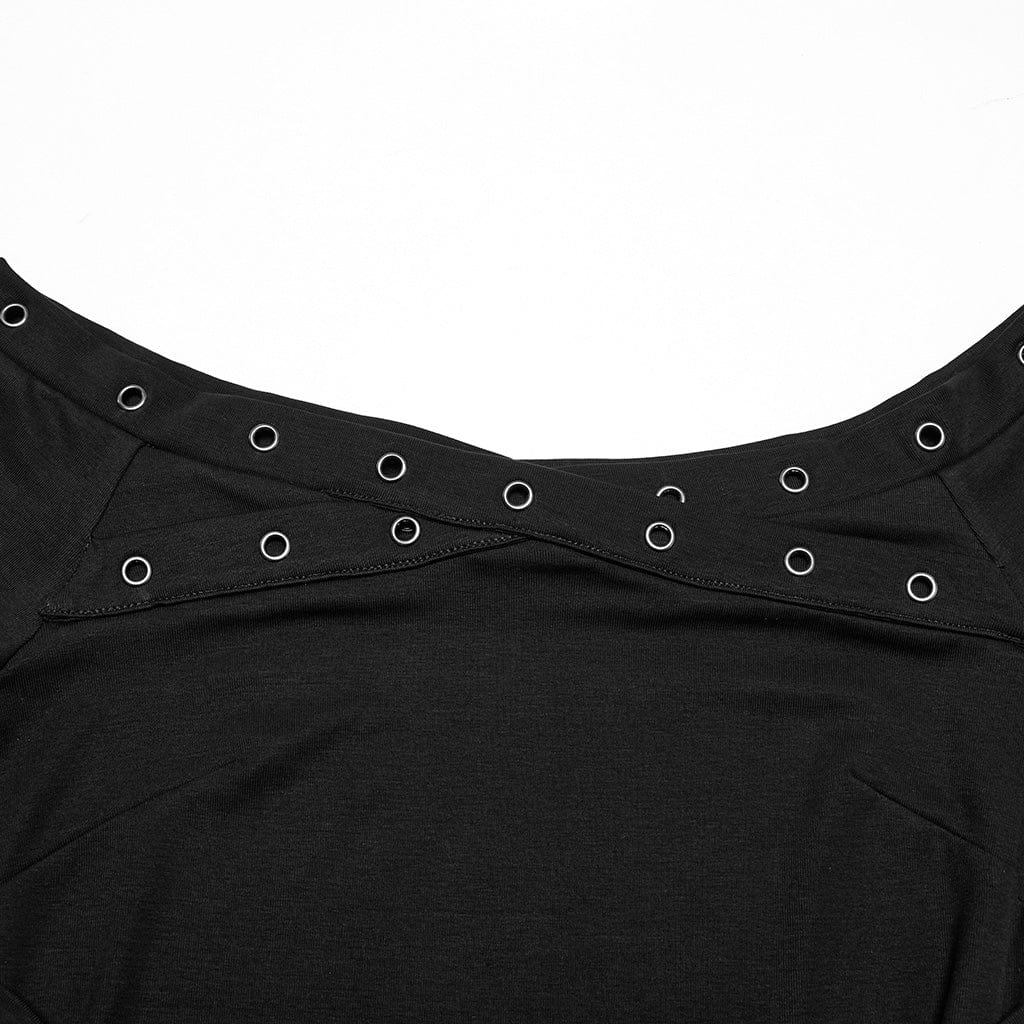 PUNK RAVE Women's Gothic Off-the-shoulder Eyelet Strap Shirt