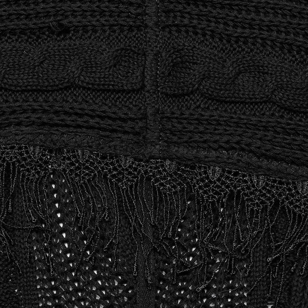 PUNK RAVE Women's Gothic Off-the-shoulder Ripped Black Knitted Coat with Hood