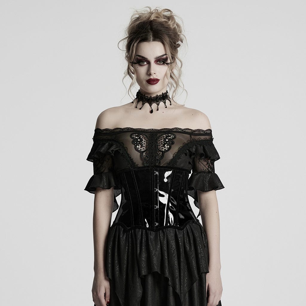 PUNK RAVE Women's Gothic Patent Leather Underbust Corset Black