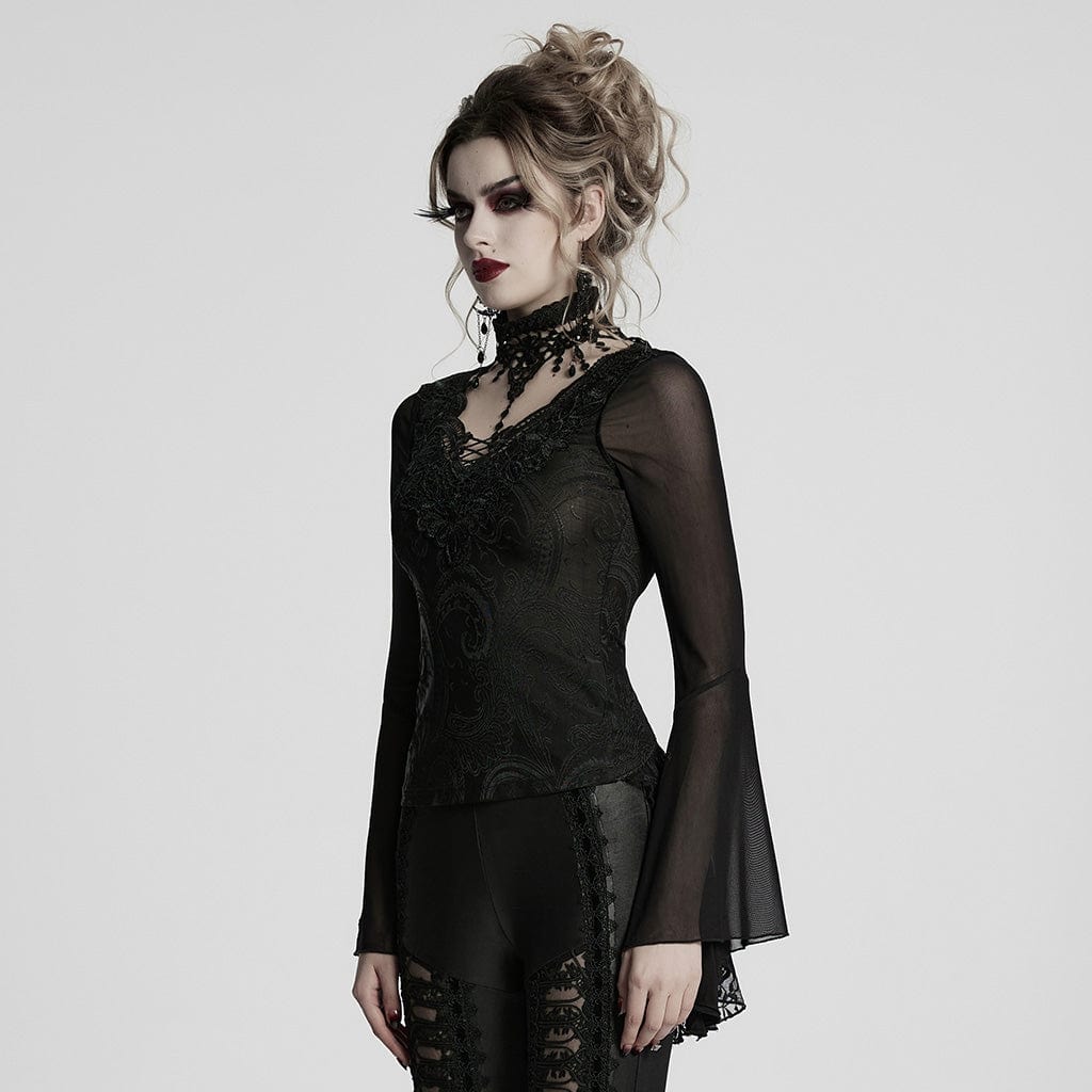 PUNK RAVE Women's Gothic Plunging Flared Sleeved Lace-up Shirt