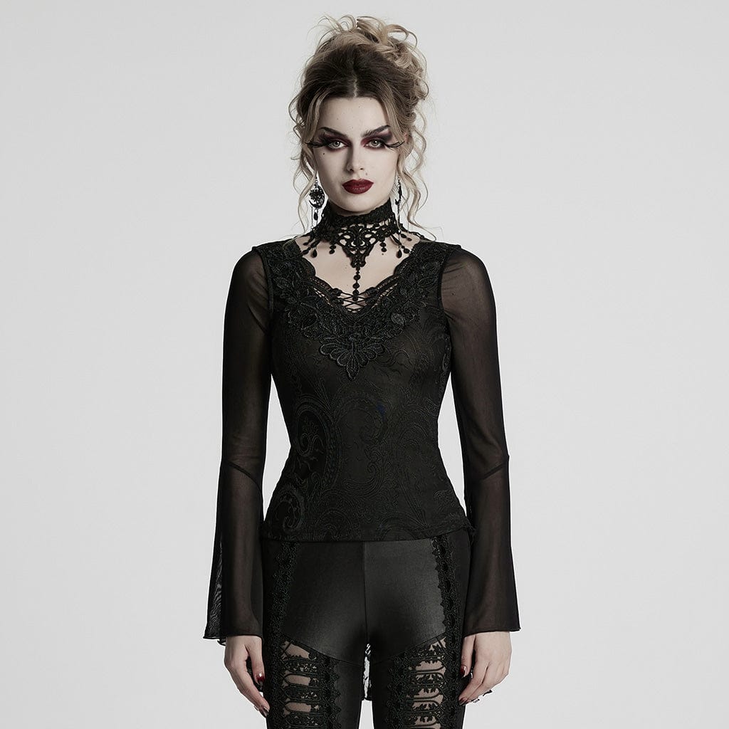 PUNK RAVE Women's Gothic Plunging Flared Sleeved Lace-up Shirt