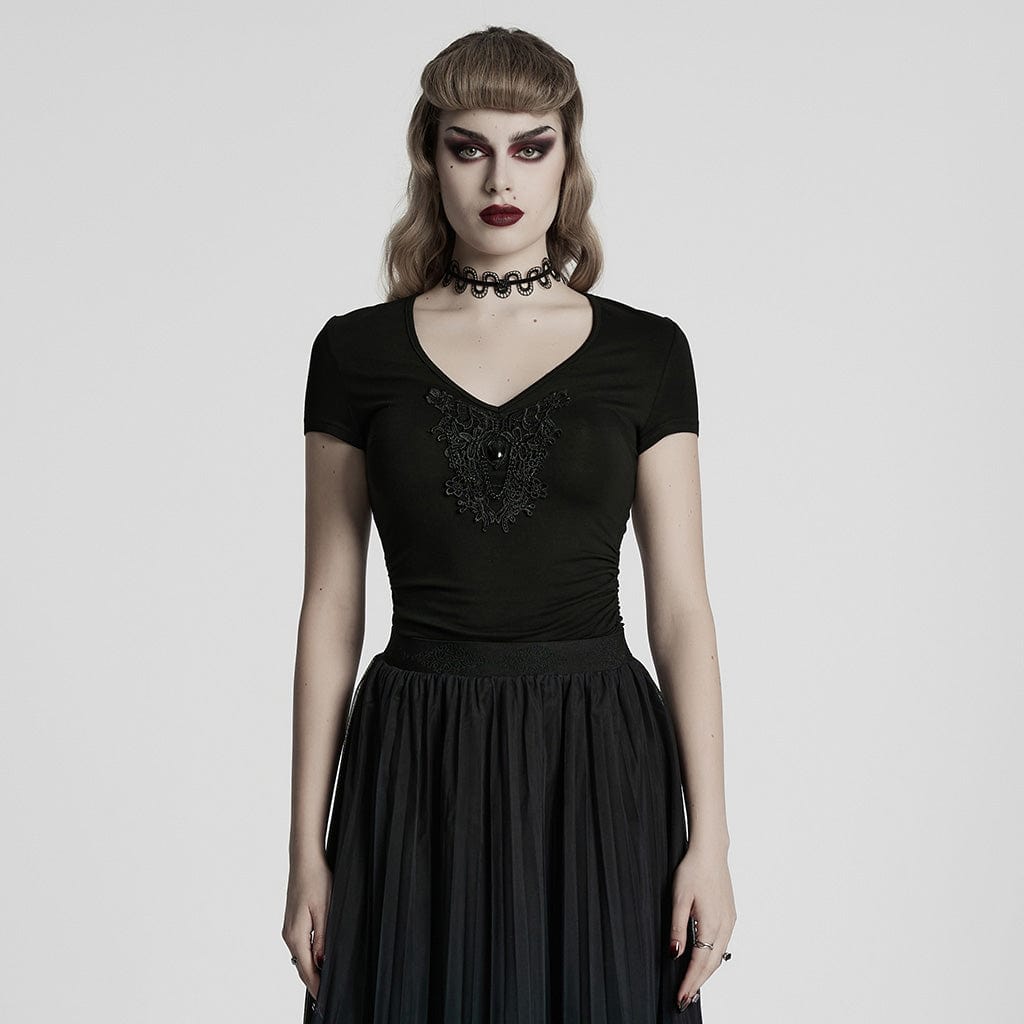 PUNK RAVE Women's Gothic Plunging Floral Embroidered T-shirt