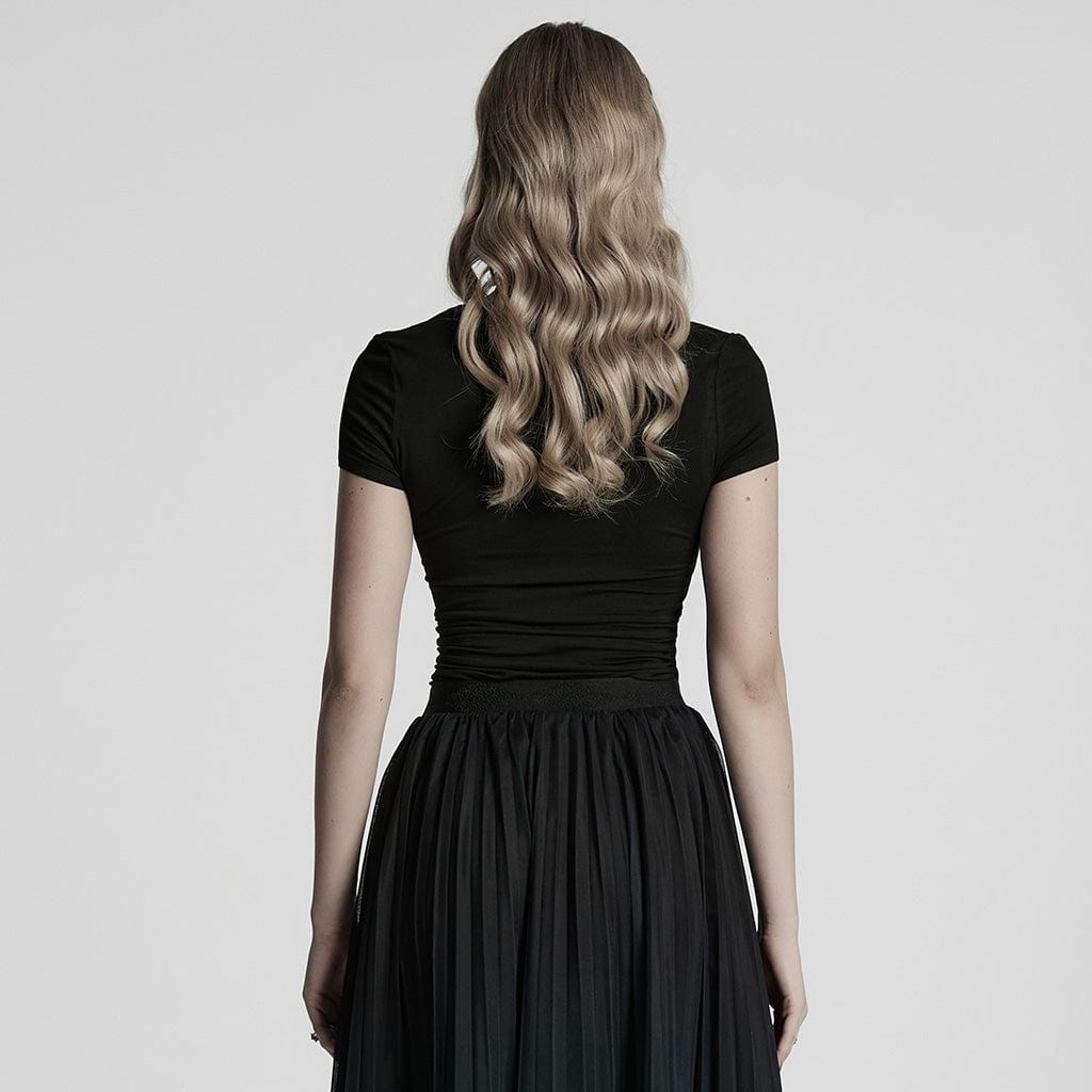 PUNK RAVE Women's Gothic Plunging Floral Embroidered T-shirt