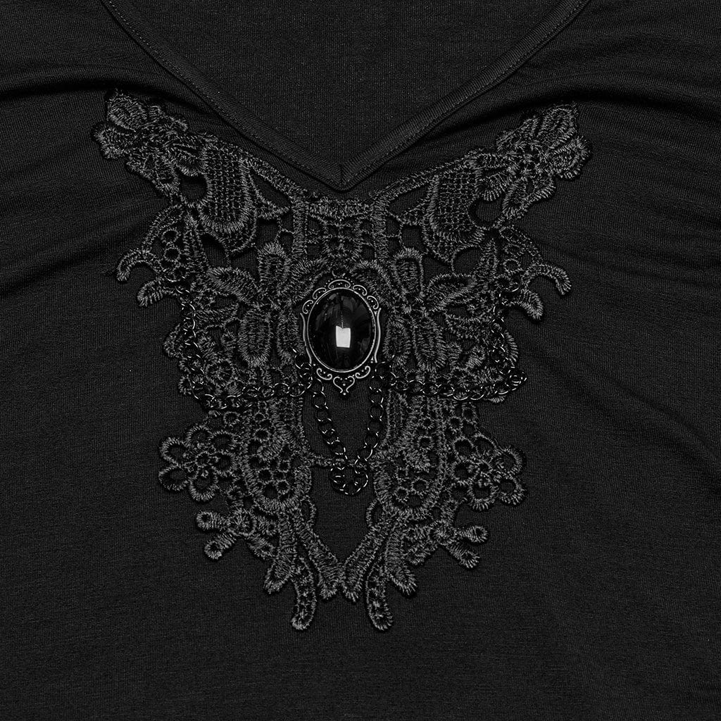 PUNK RAVE Women's Gothic Plunging Floral Embroidered T-shirt