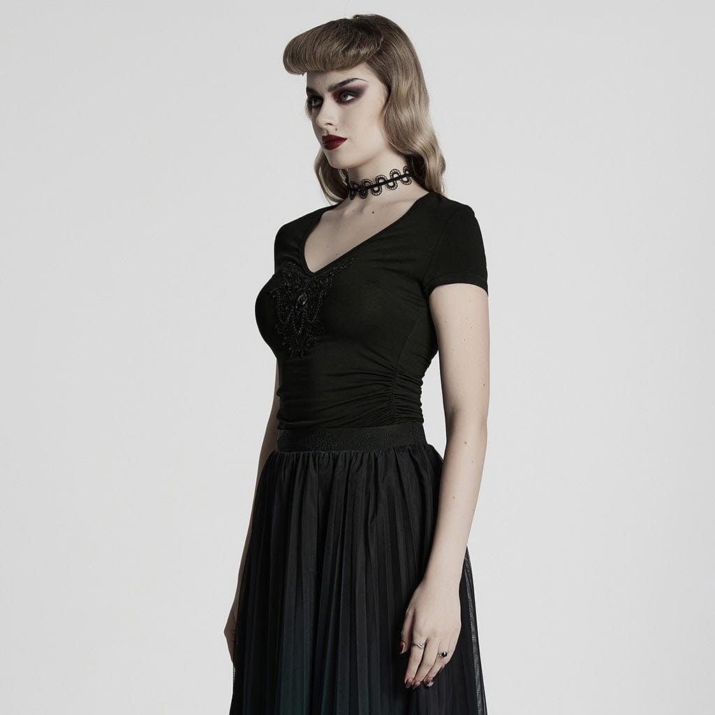 PUNK RAVE Women's Gothic Plunging Floral Embroidered T-shirt