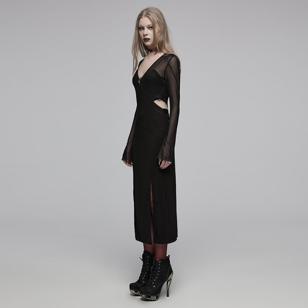 PUNK RAVE Women's Gothic Plunging Mesh Splice Cutout Dress