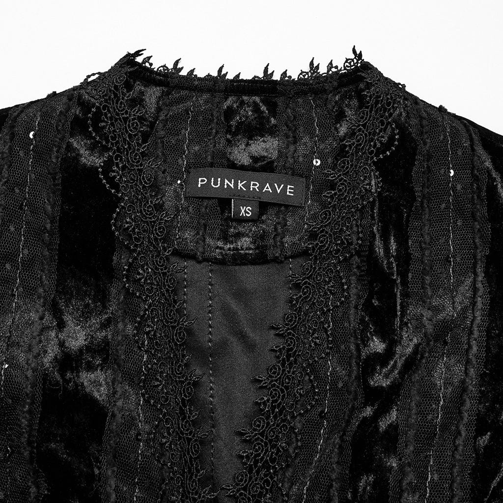 PUNK RAVE Women's Gothic Plunging Puff Sleeved Velvet Shirt Black