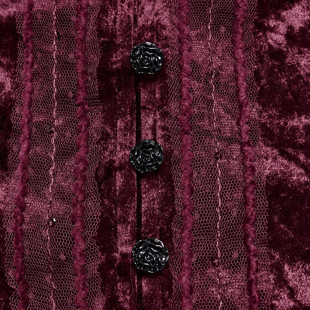 PUNK RAVE Women's Gothic Plunging Puff Sleeved Velvet Shirt Red