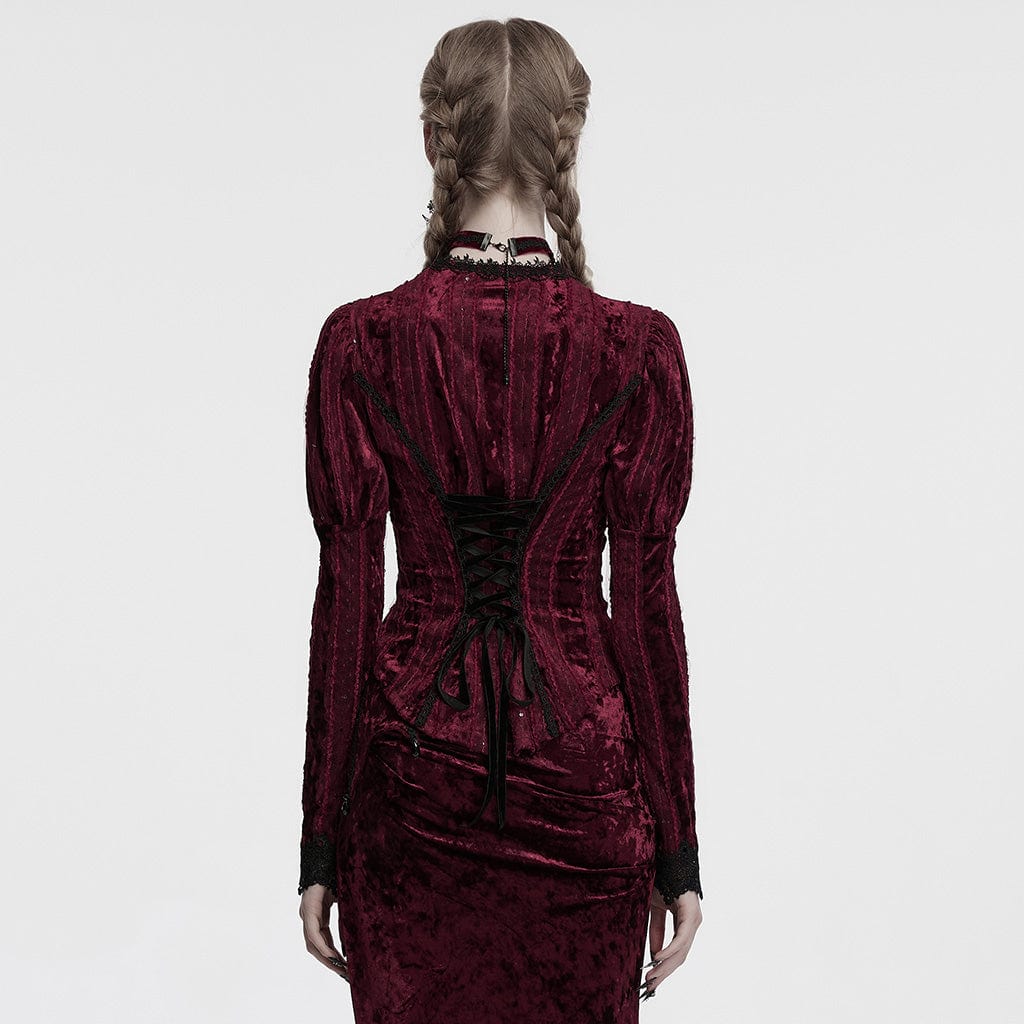 PUNK RAVE Women's Gothic Plunging Puff Sleeved Velvet Shirt Red