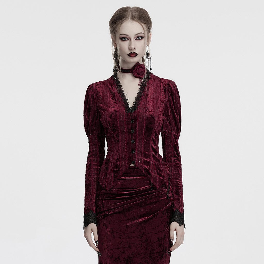 PUNK RAVE Women's Gothic Plunging Puff Sleeved Velvet Shirt Red
