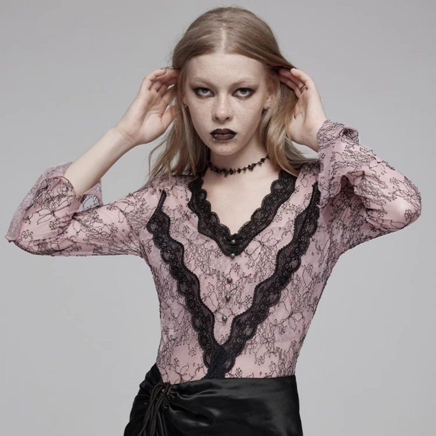 PUNK RAVE Women's Gothic Plunging Sheer Lace Hem Shirt