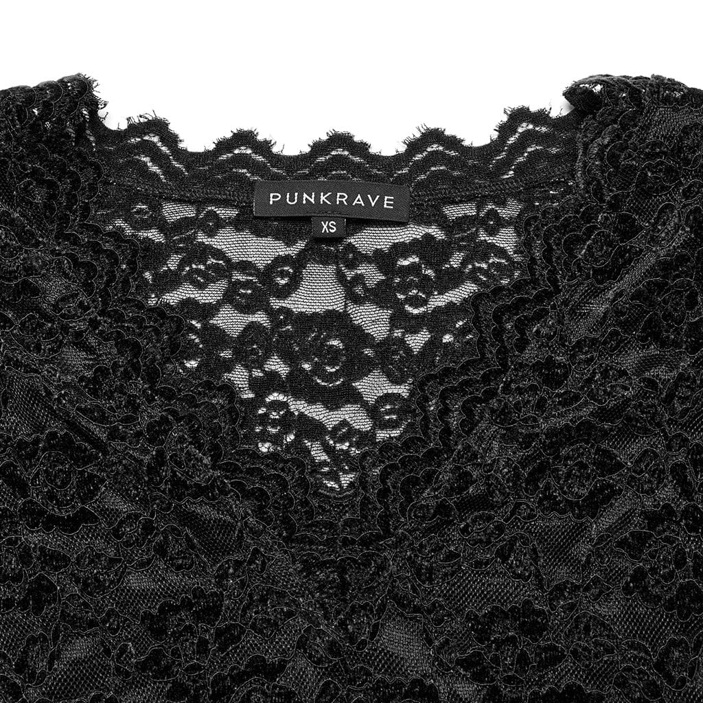 PUNK RAVE Women's Gothic Plunging Sheer Lace Shirt Black