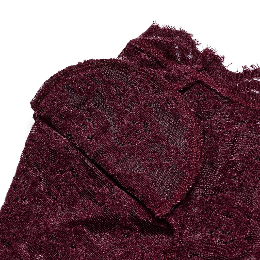 PUNK RAVE Women's Gothic Plunging Sheer Lace Shirt Red