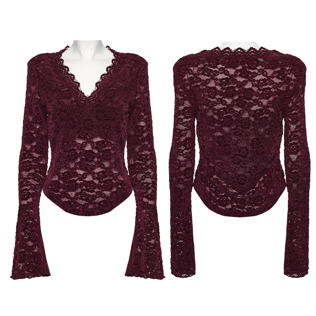 PUNK RAVE Women's Gothic Plunging Sheer Lace Shirt Red