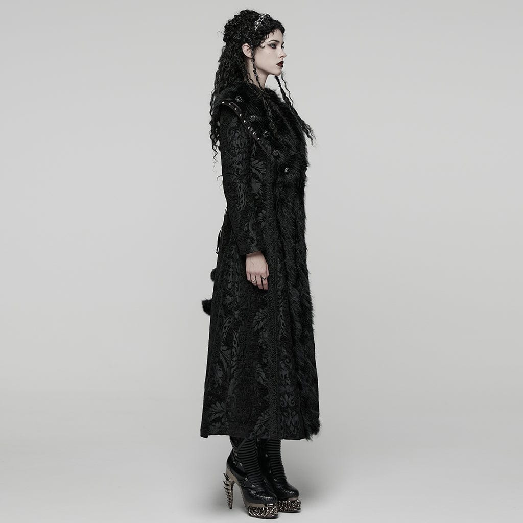 PUNK RAVE Women's Gothic Plush Splice Turn-down Collar Floral Printed Coat