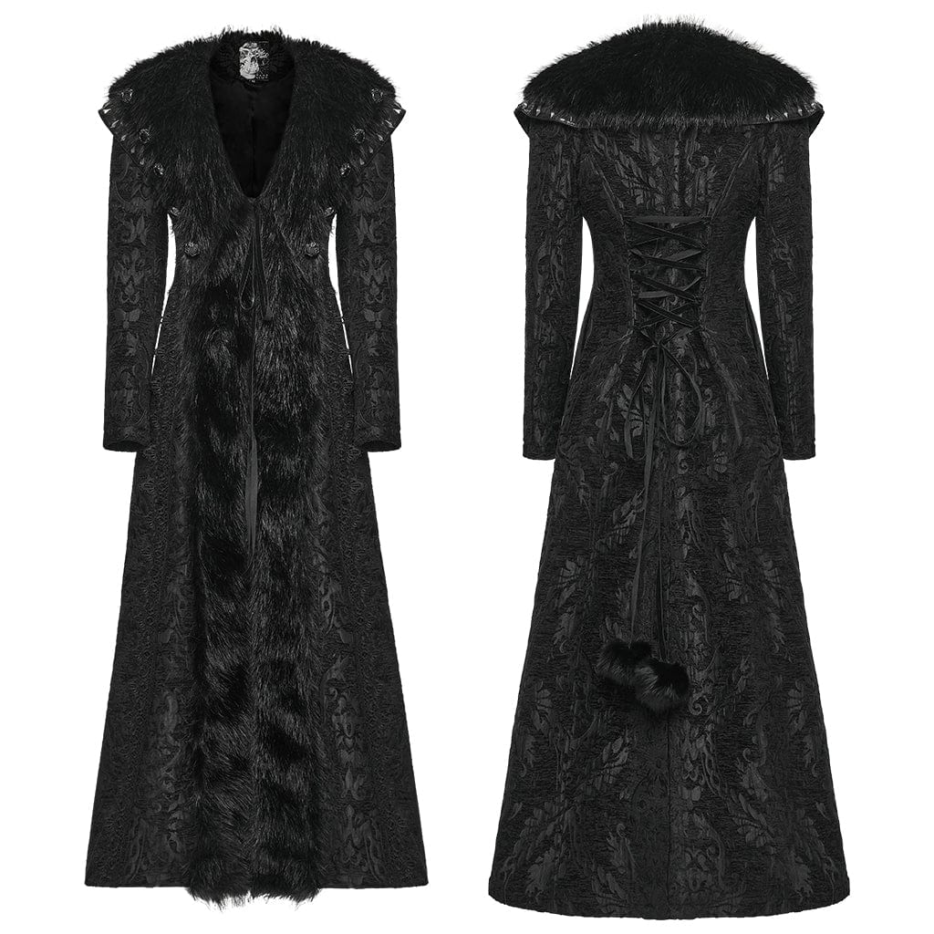 PUNK RAVE Women's Gothic Plush Splice Turn-down Collar Floral Printed Coat
