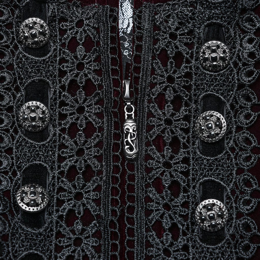 PUNK RAVE Women's Gothic Puff Sleeved Floral Embroidered Coat Red