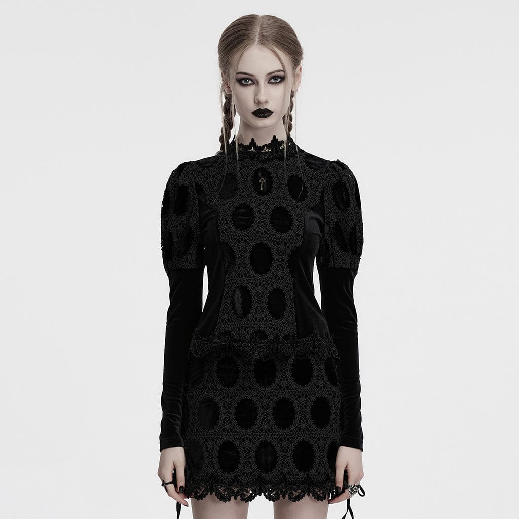 PUNK RAVE Women's Gothic Puff Sleeved Floral Embroidered Velvet Shirt Black