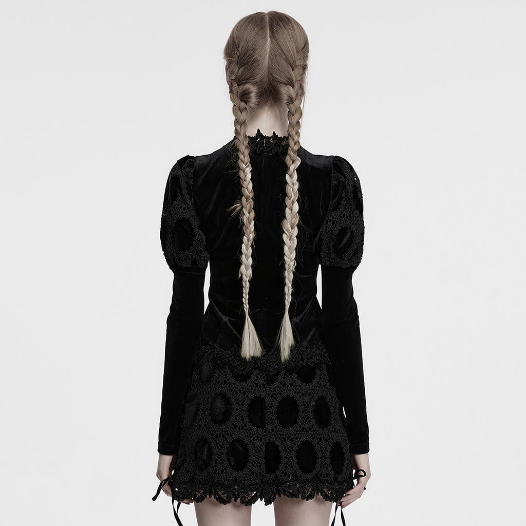 PUNK RAVE Women's Gothic Puff Sleeved Floral Embroidered Velvet Shirt Black